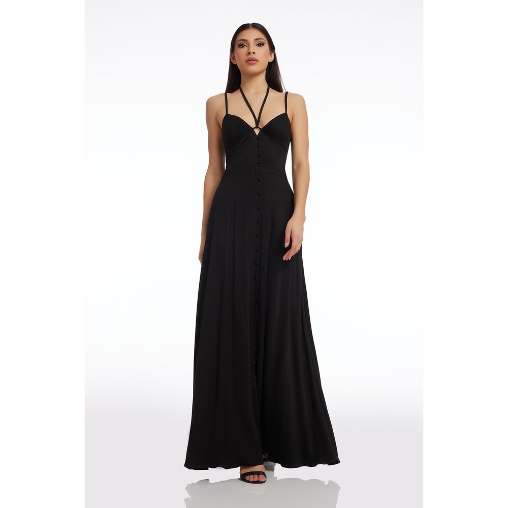 Dress the Population Mia Maxi Gown Black XS NWT Button Front‎ Slit Dress